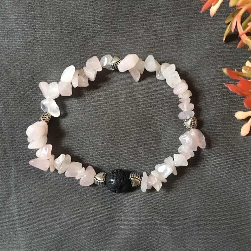 Genuine rose quartz/lava rock bracelet with hearts